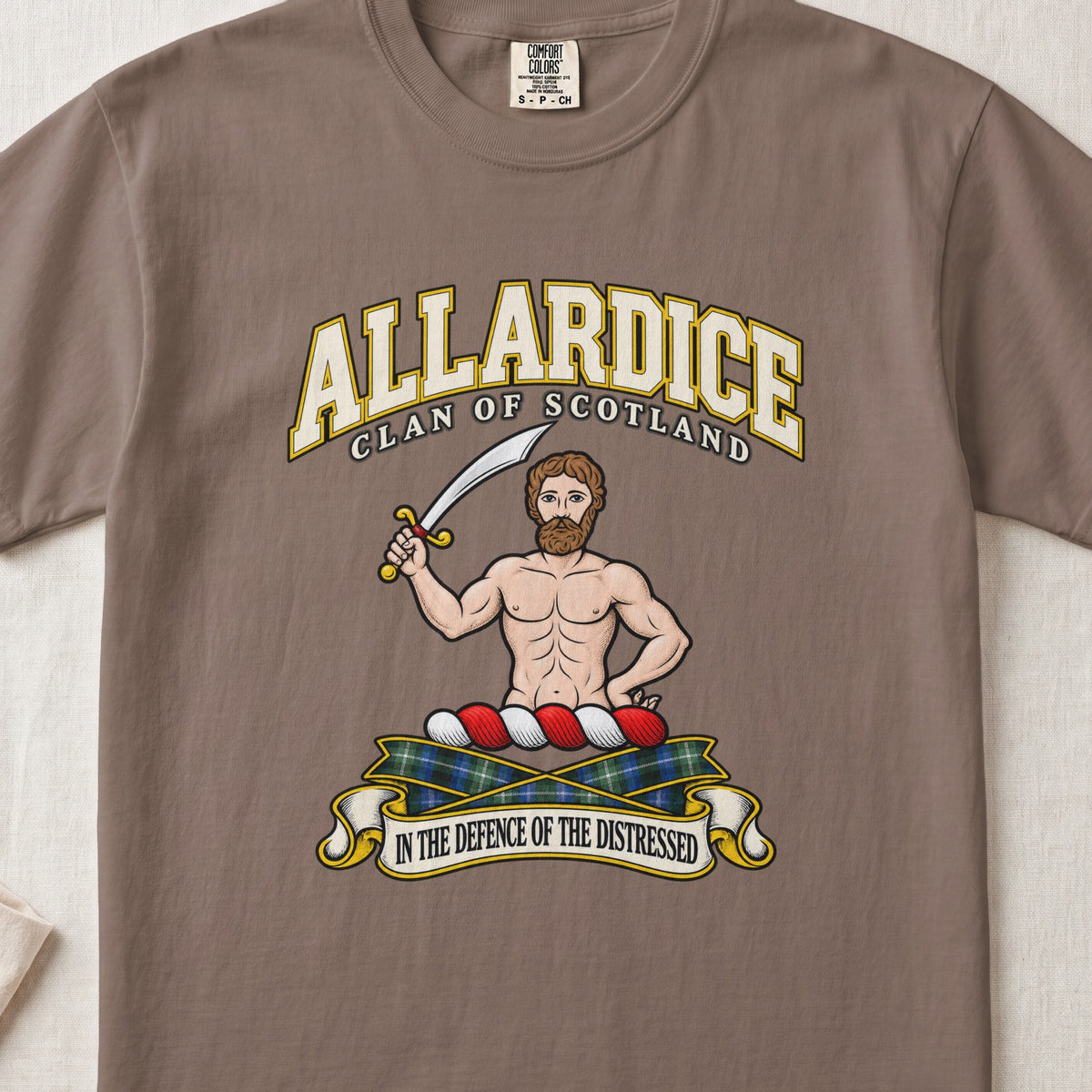 Allardice Scottish clan T-shirt in Espresso, front view with a bearded figure holding a curved sword and motto design.
