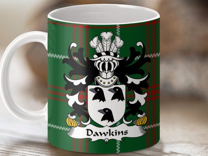 Dawkins Welsh Surname Coat of Arms on Tartan Background Mug - Living Stone Gifts