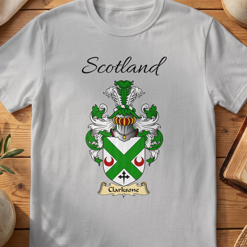 Sport Grey Clarksone Scottish family shield T-shirt featuring a green diagonal cross between red crescents