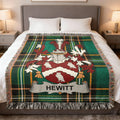 Tartan blanket with Hewitt family crest featuring two owls.