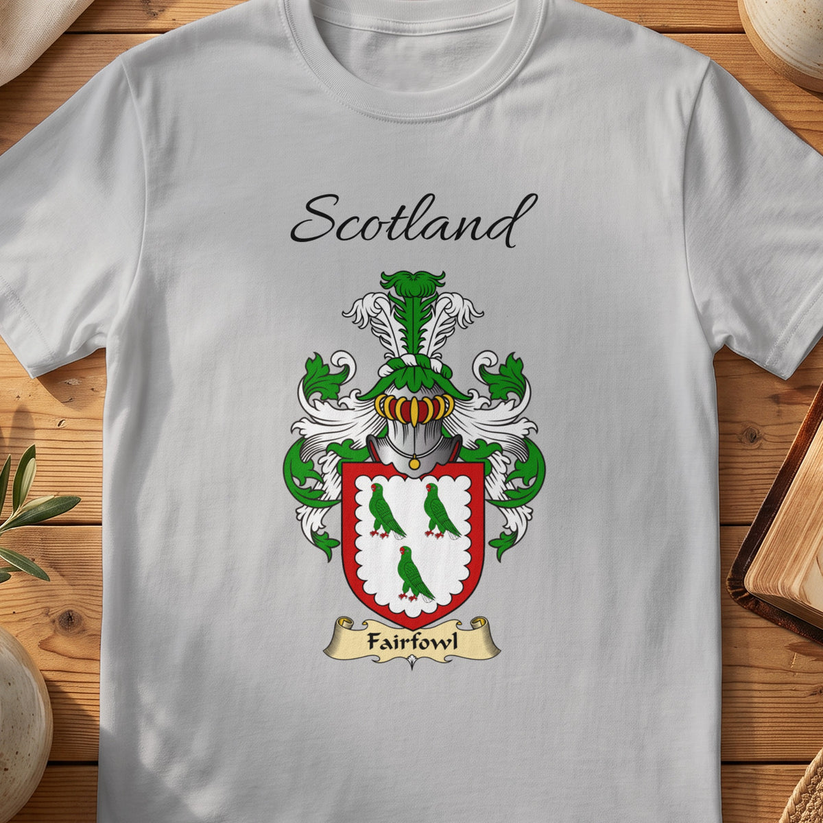Sport Grey Fairfowl Scottish family shield T-shirt featuring three green birds within a red border