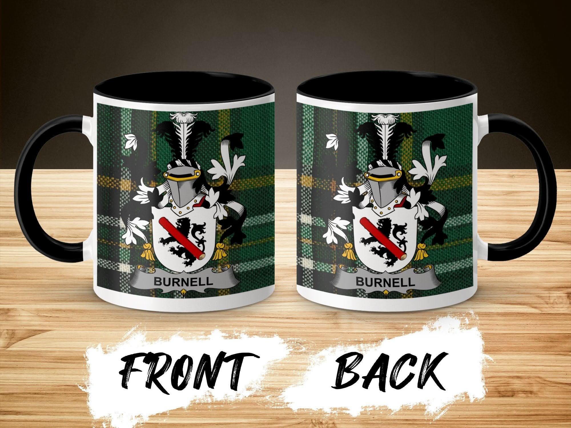Burnell Surname Family Crest Irish Tartan Mug - Celtic Ancestry Gifts