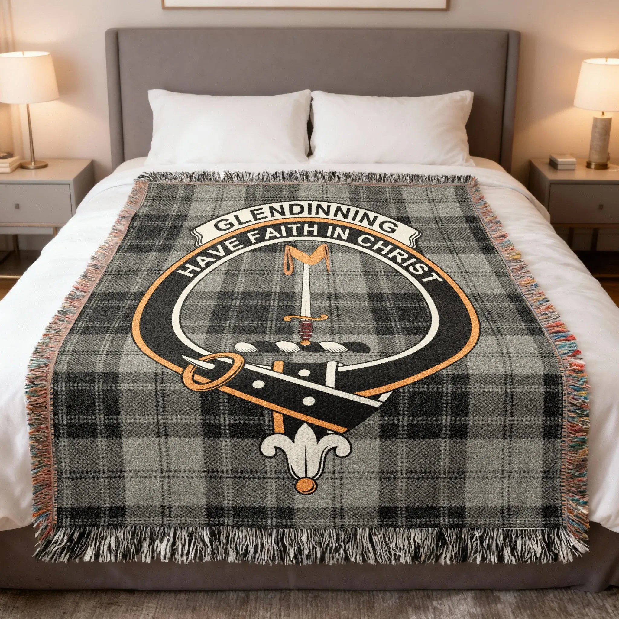 Clan Glendinning woven tartan blanket — full view showing clan crest and fringe edge