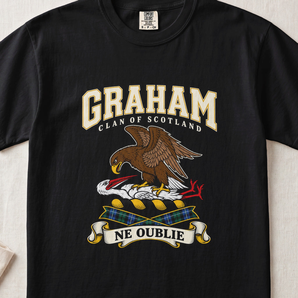 Graham graphic T-shirt in Black, front flat lay showing varsity lettering and brown eagle-like bird over a white long-necked bird with red beak and legs.