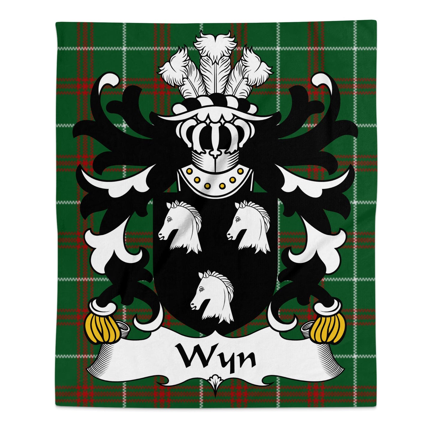 Wyn Welsh Surname Coat of Arms on National Tartan Background Blanket - Living Stone Gifts