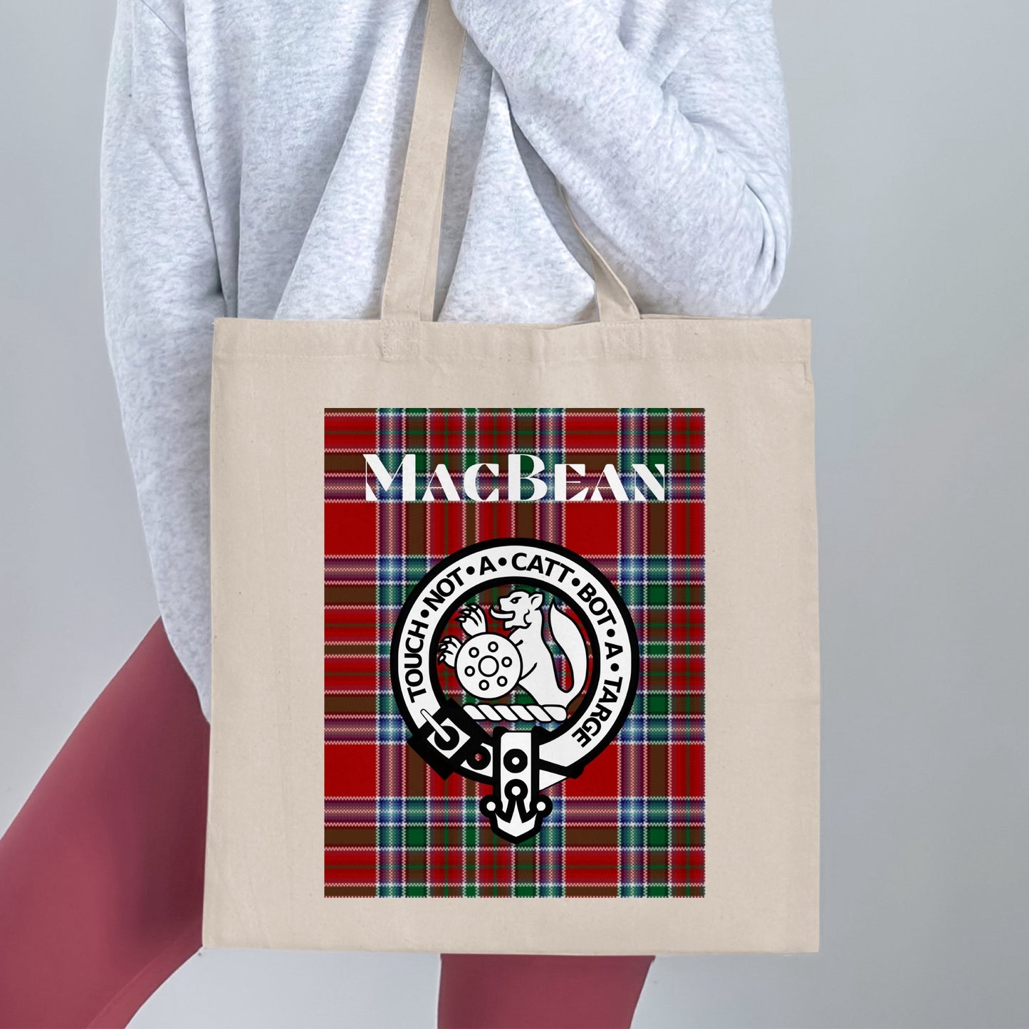 MacBean Scottish Crest on Tartan Background Tote Bag - Living Stone Gifts