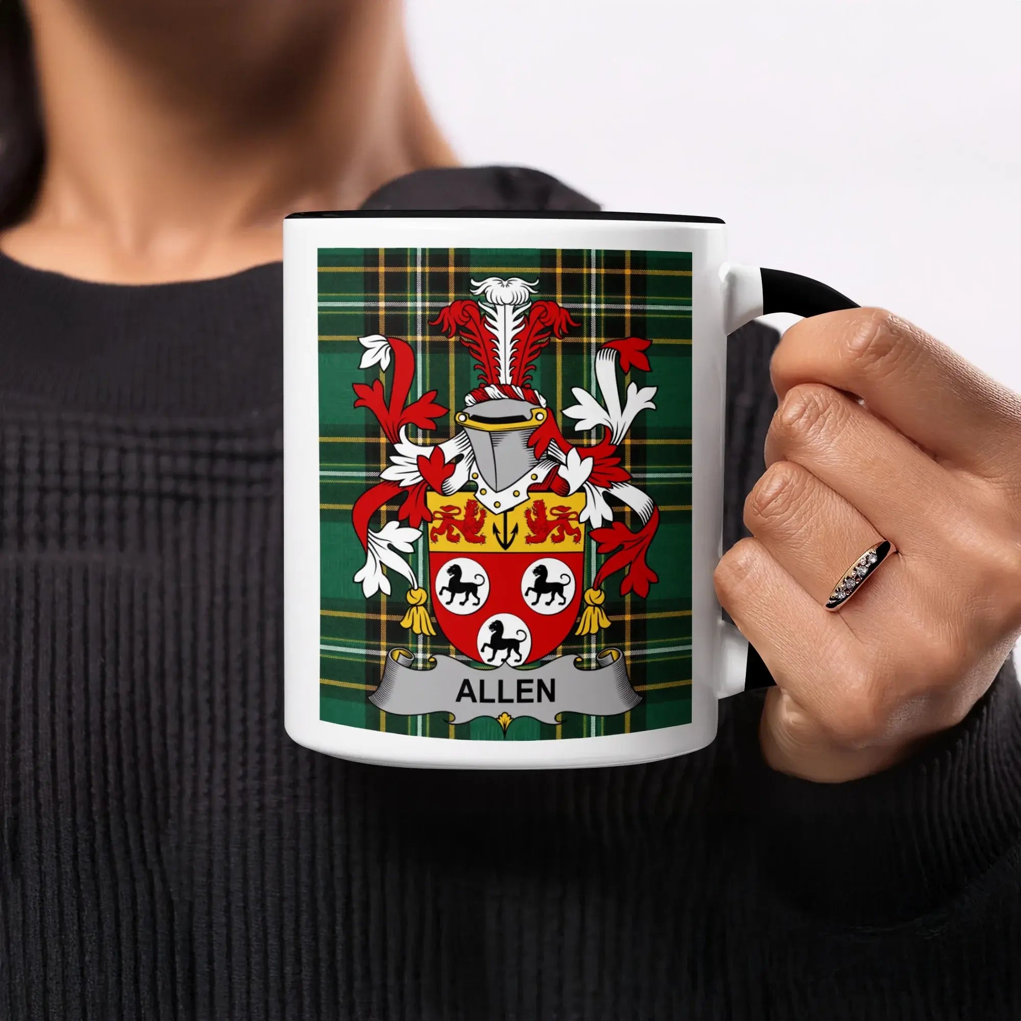 Mug with Allen family crest on a tartan background.
