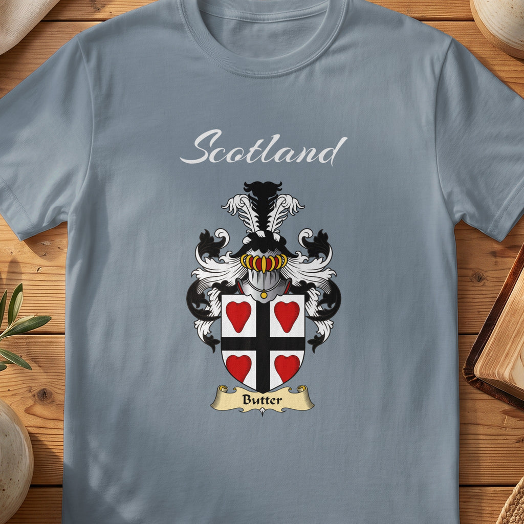 Butter Scottish family shield T-shirt in Stone Blue