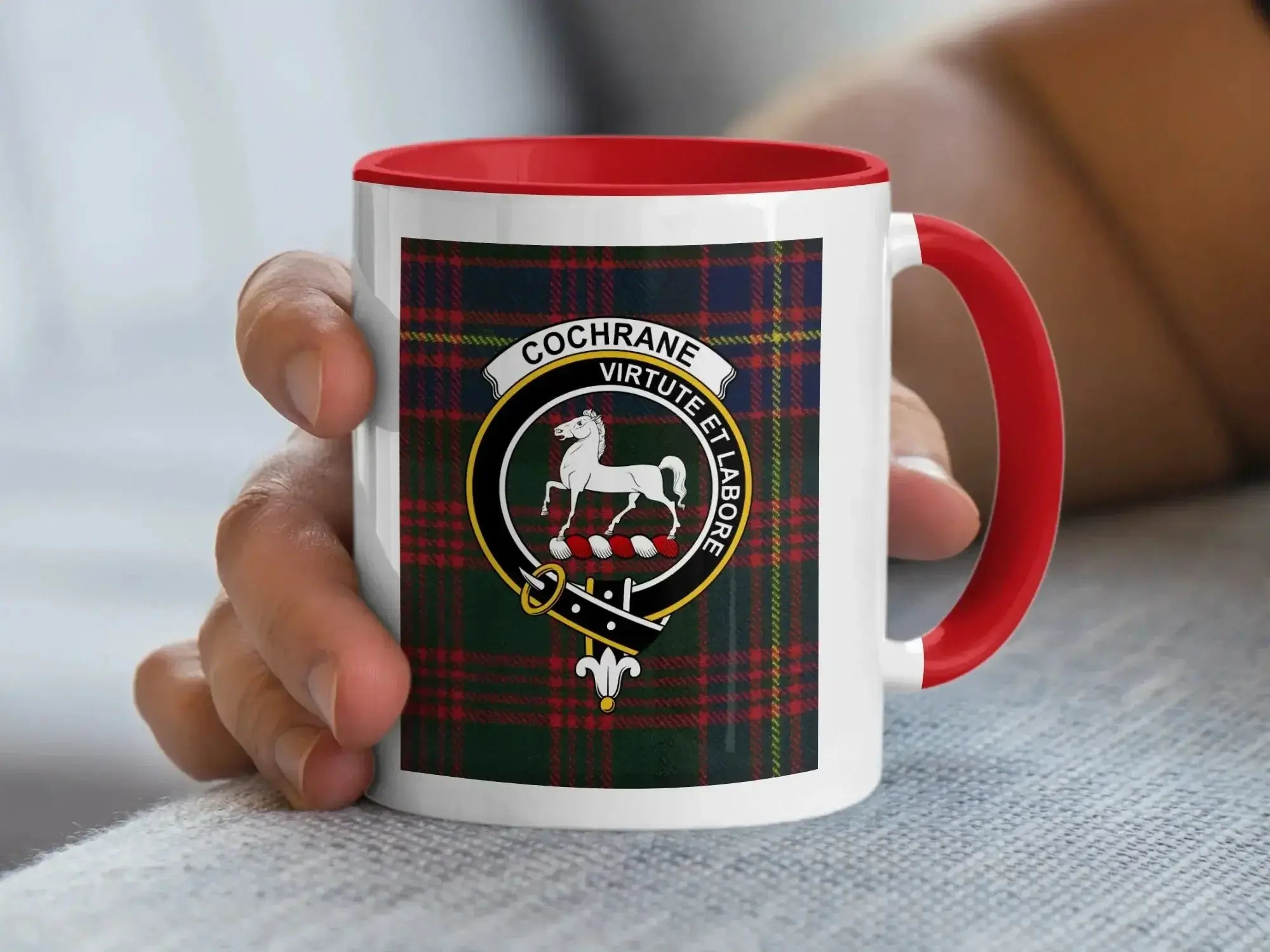 Cochrane clan tartan second design mug — navy handle, glossy ceramic 11 oz