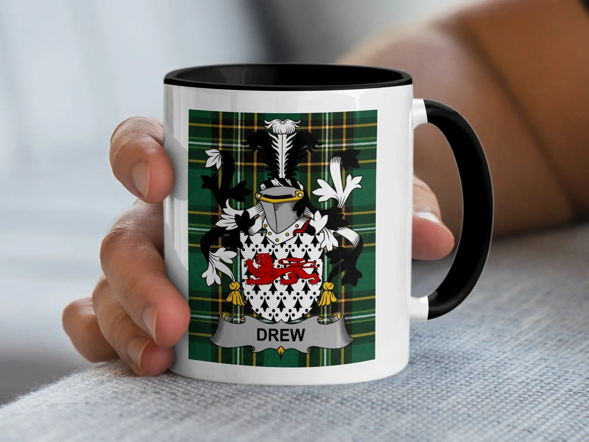 Drew Irish heritage mug with black handle and family crest