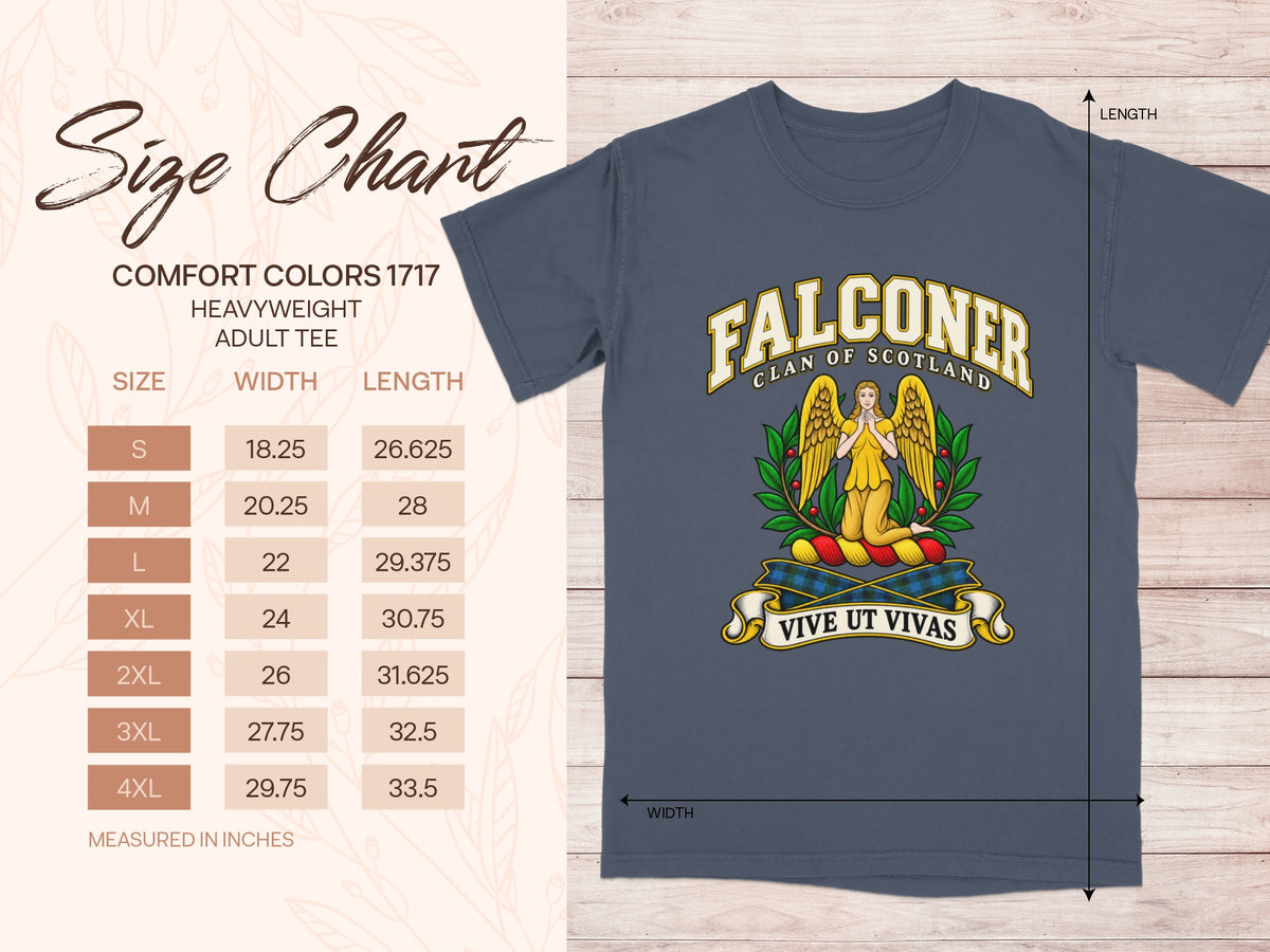 Comfort Colors 1717 size chart for the Falconer Scottish clan T-shirt, adult sizes S–4XL.