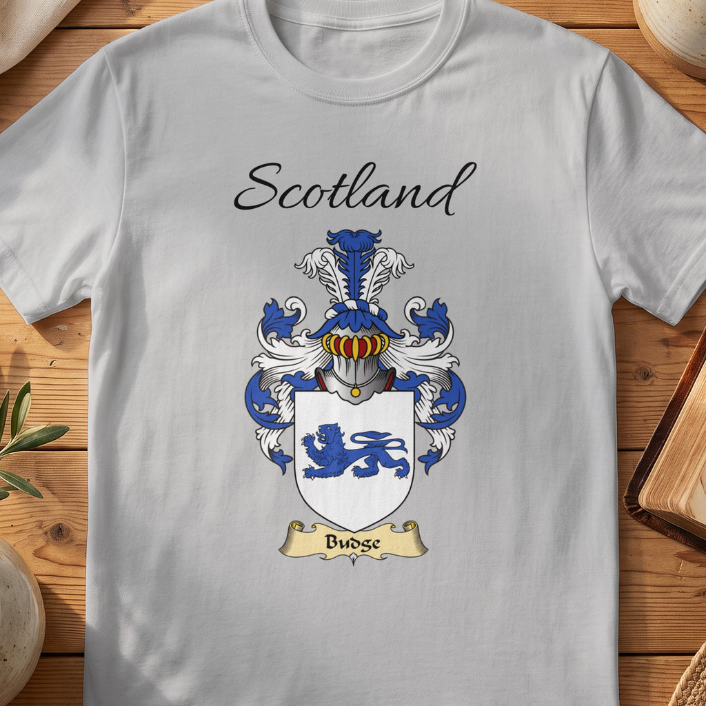 Sport Grey Budge Scottish family shield T-shirt featuring a blue lion on a white shield