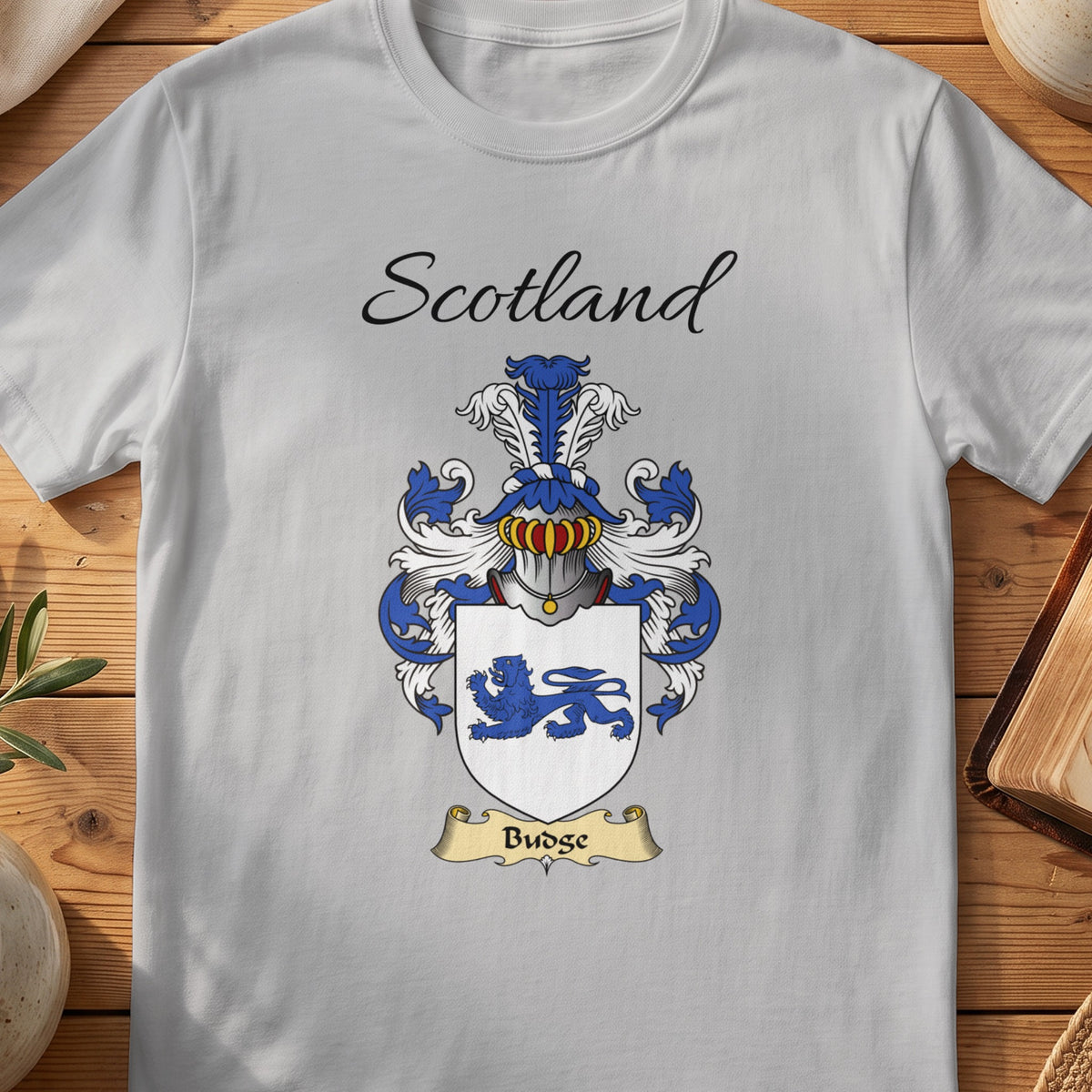 Sport Grey Budge Scottish family shield T-shirt featuring a blue lion on a white shield