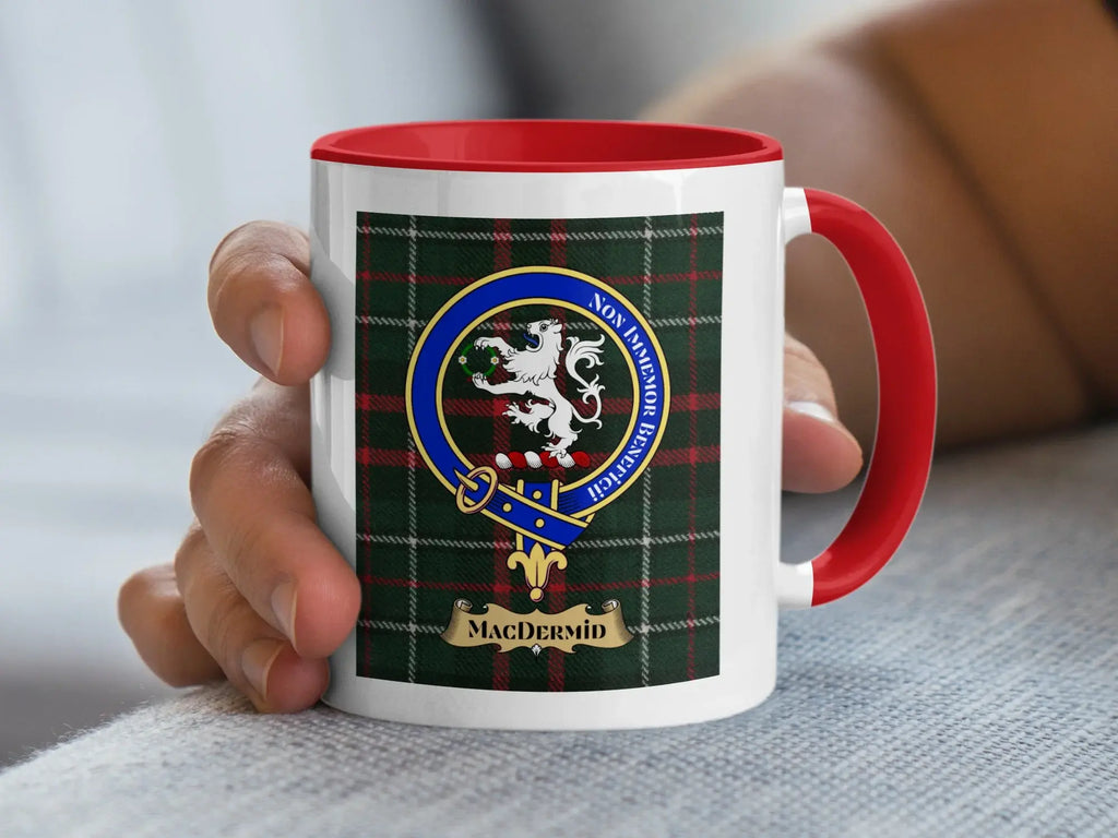 MacDermid Clan Crest Tartan Printed Mug with Red Handle