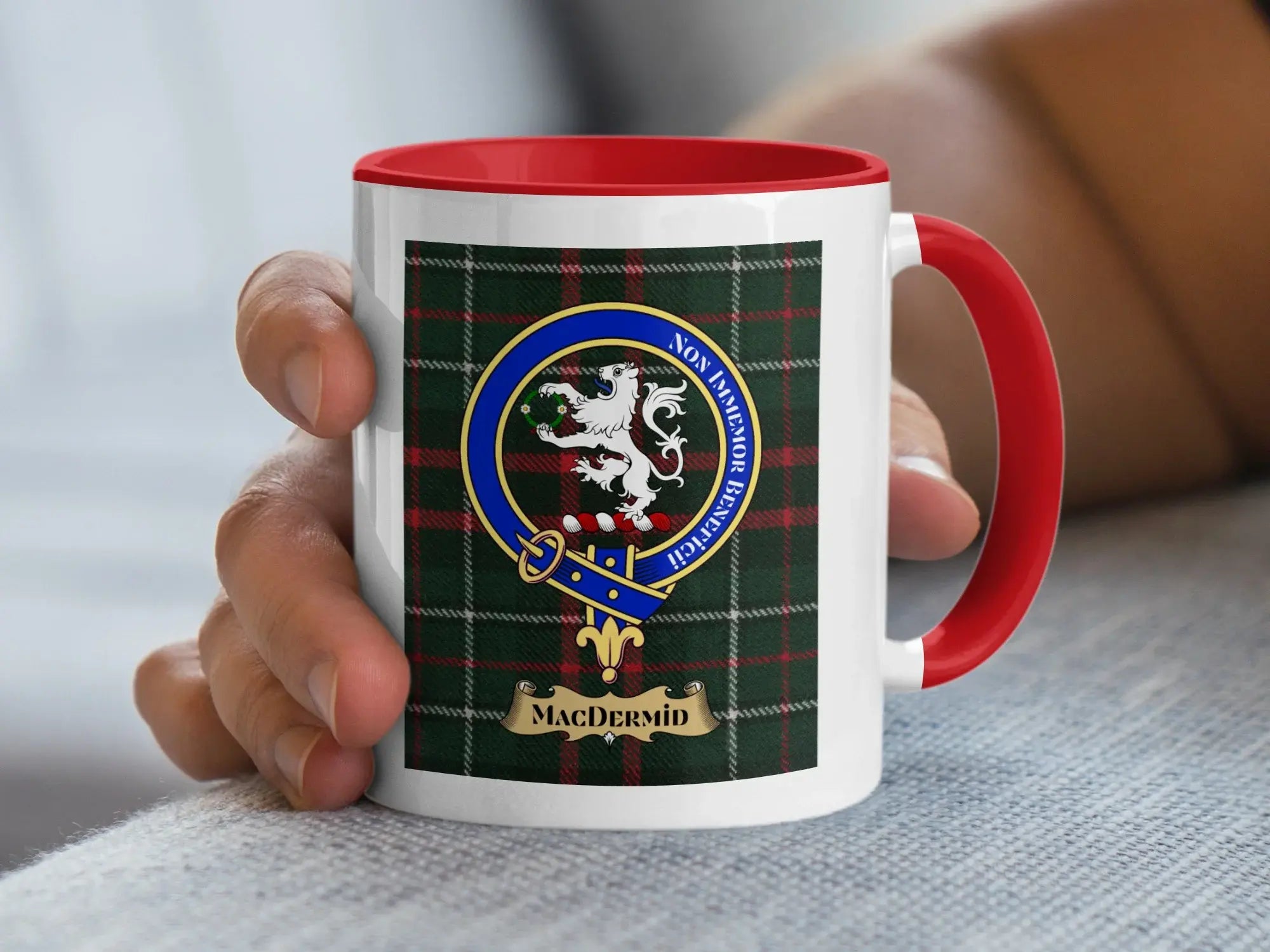 MacDermid Clan Crest Tartan Printed Mug with Red Handle
