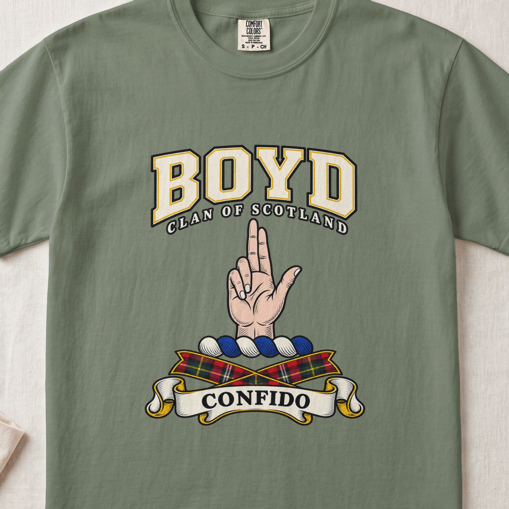Boyd Scottish clan graphic T-shirt in Moss, front view