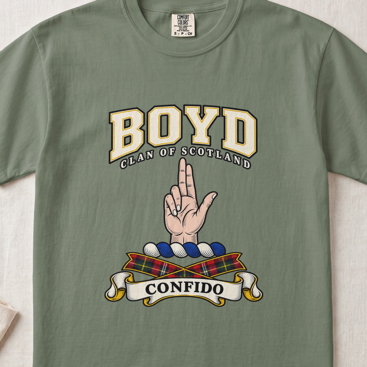 Boyd Scottish clan graphic T-shirt in Moss, front view