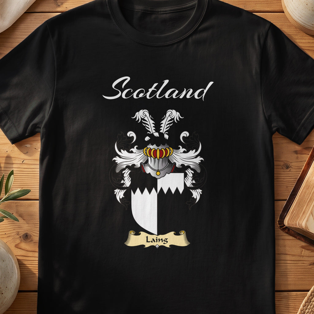 Black Laing Scottish T-shirt featuring black-and-white quarters with a jagged dividing line