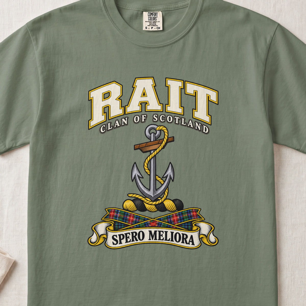 Rait Scottish clan T-shirt in Moss, front view with an anchor with a coiled rope and motto banner.