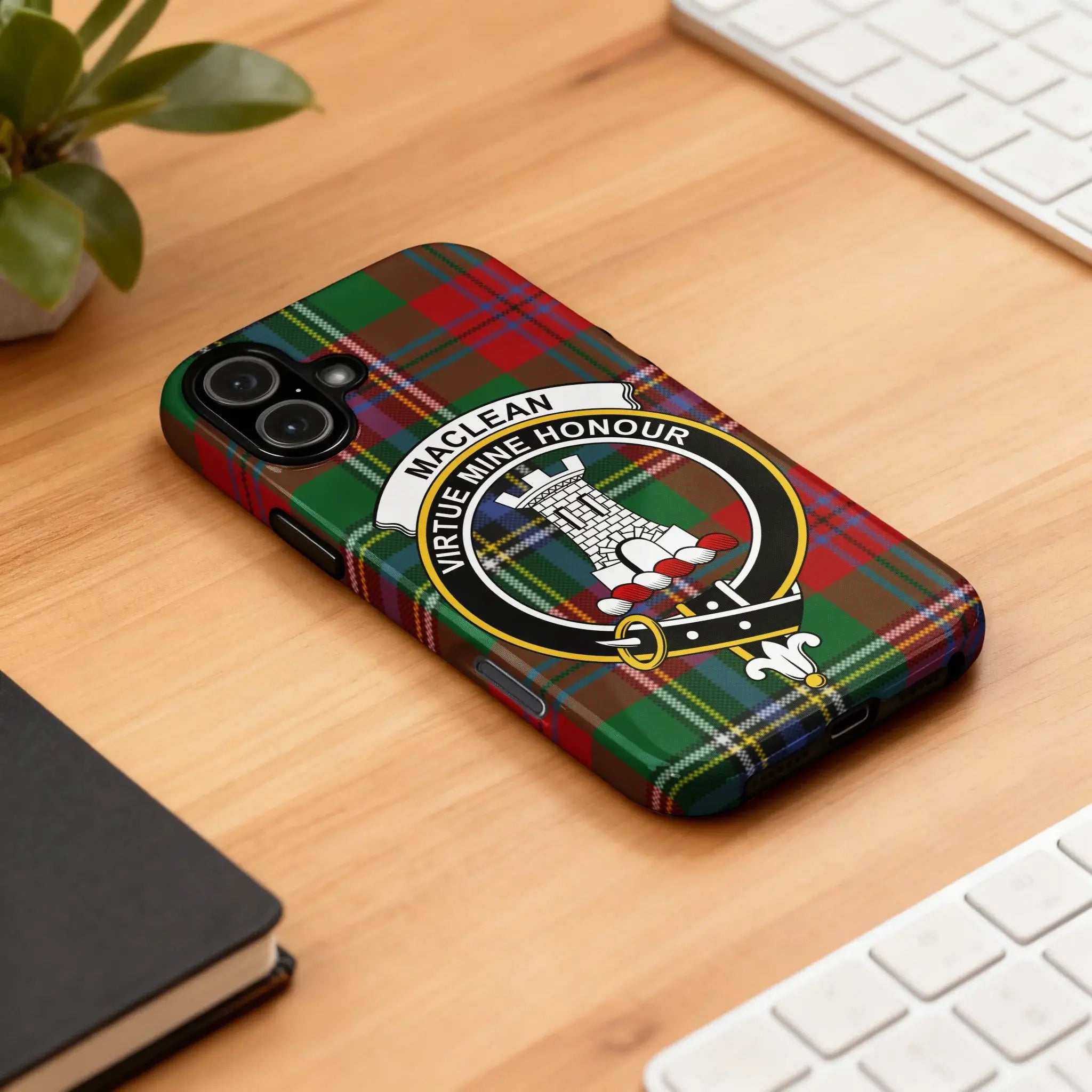 MacLean Virtue Mine Honour tartan design phone case — full heraldic wrap on glossy impact-resistant shell
