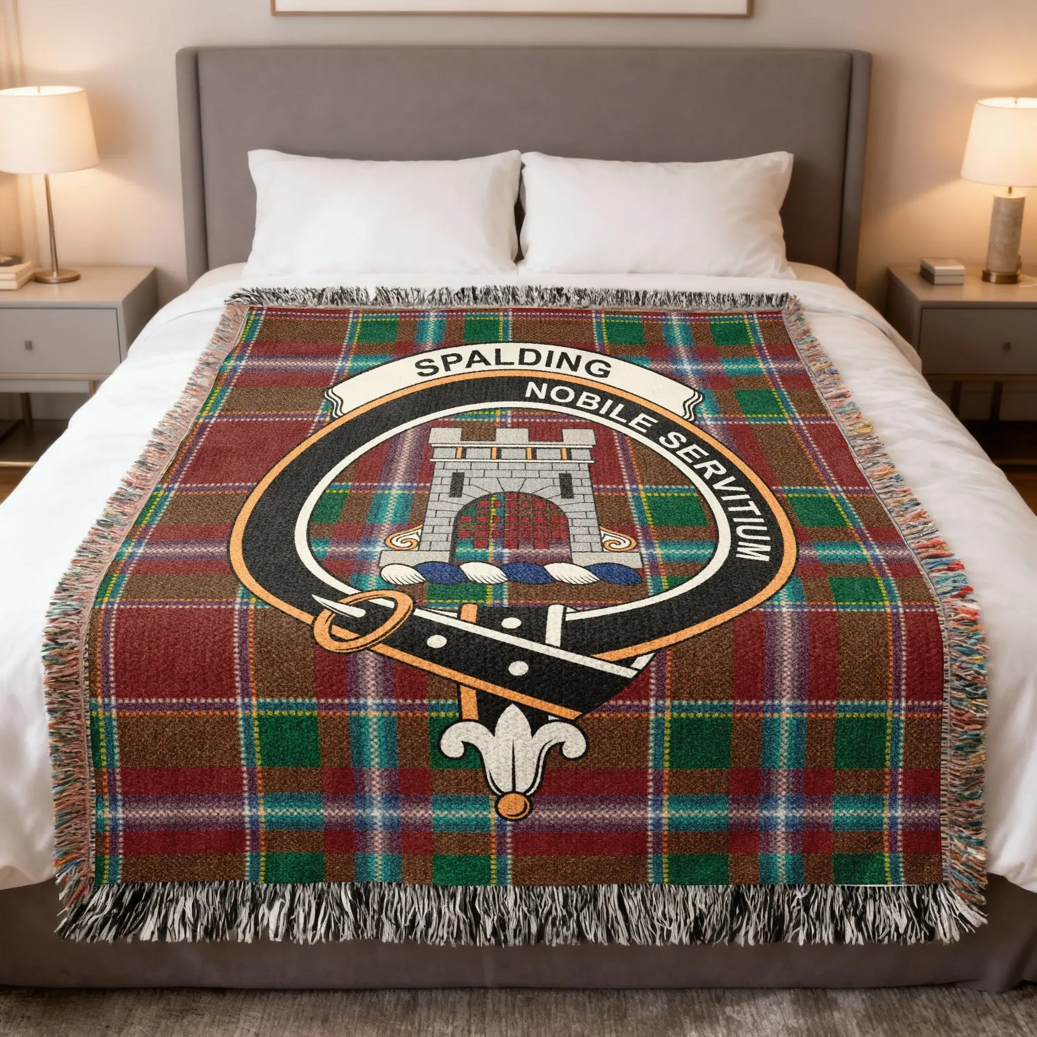 Clan Spalding nobile servitium tartan woven blanket — 100% cotton with clan crest and plaid detail