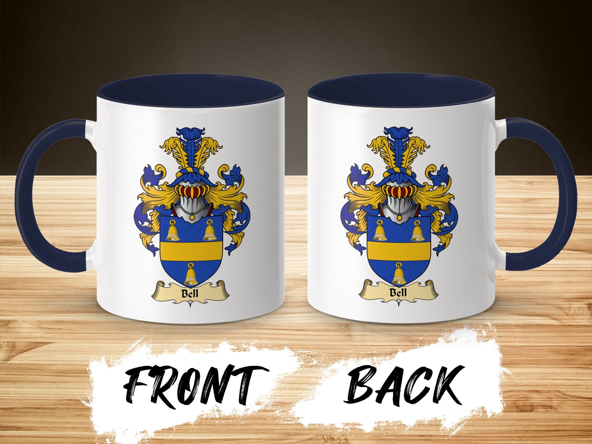 Two mugs with the "Bell" surname crest on a wooden surface.