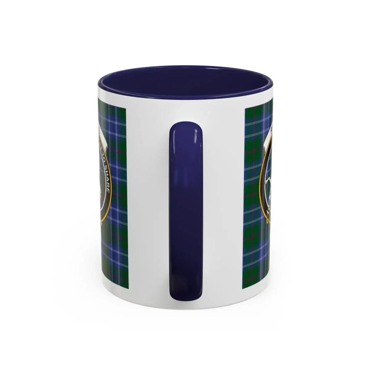Clan Riddell blue tartan crest accent mug — 15 oz ceramic, navy handle, I Hope to Share
