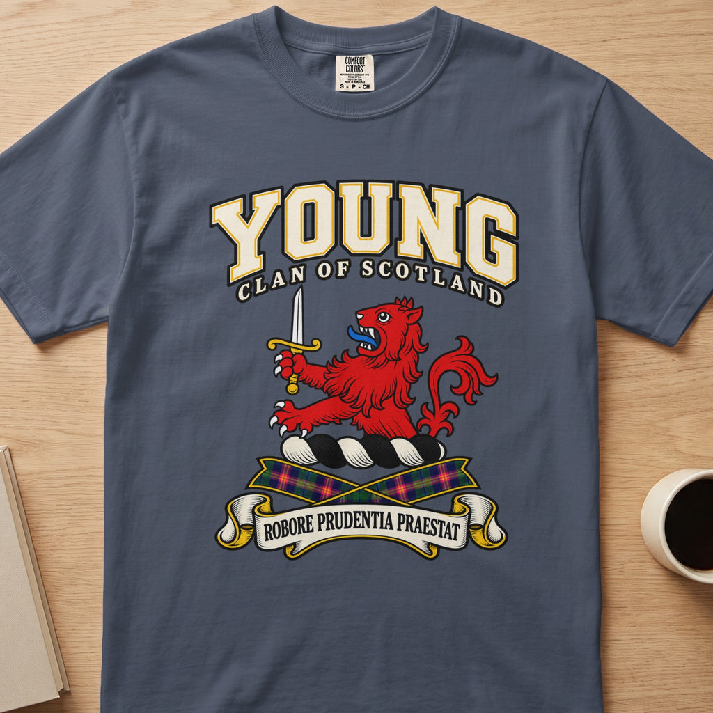 Young red lion with raised sword graphic on a slate blue Comfort Colors T-shirt, front view