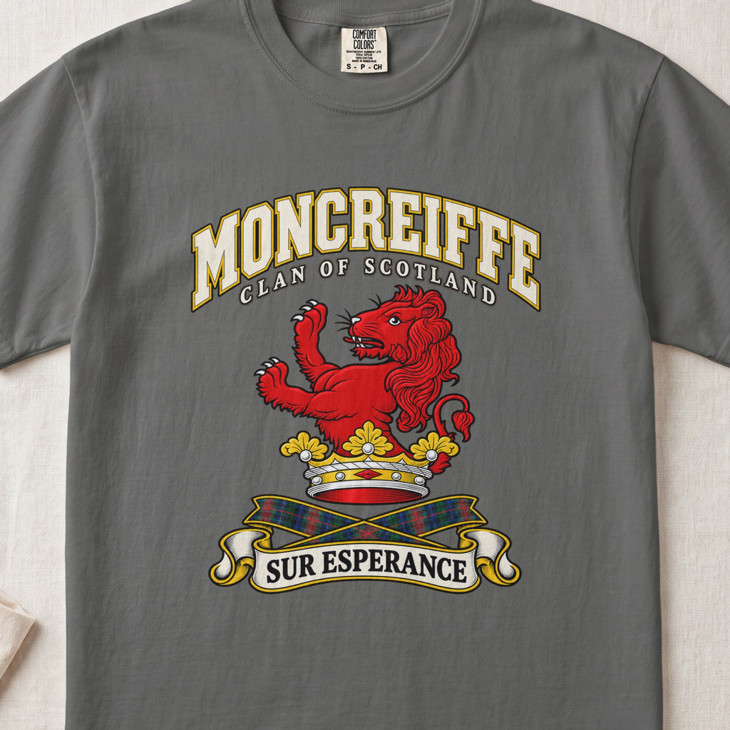 Moncreiffe Scottish clan T-shirt in Pepper, front view with a red lion above a golden crown and motto banner.