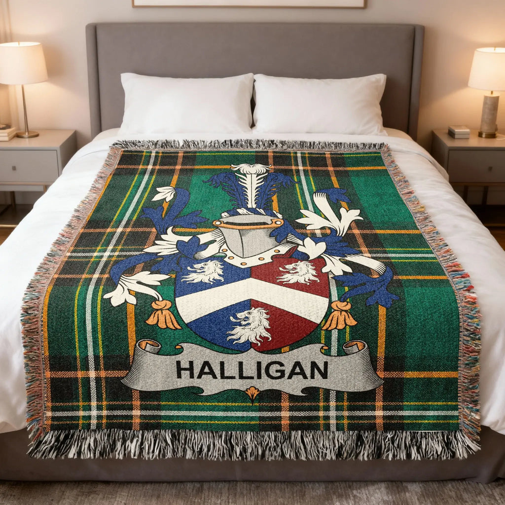 Halligan family crest on a green tartan plaid throw blanket.