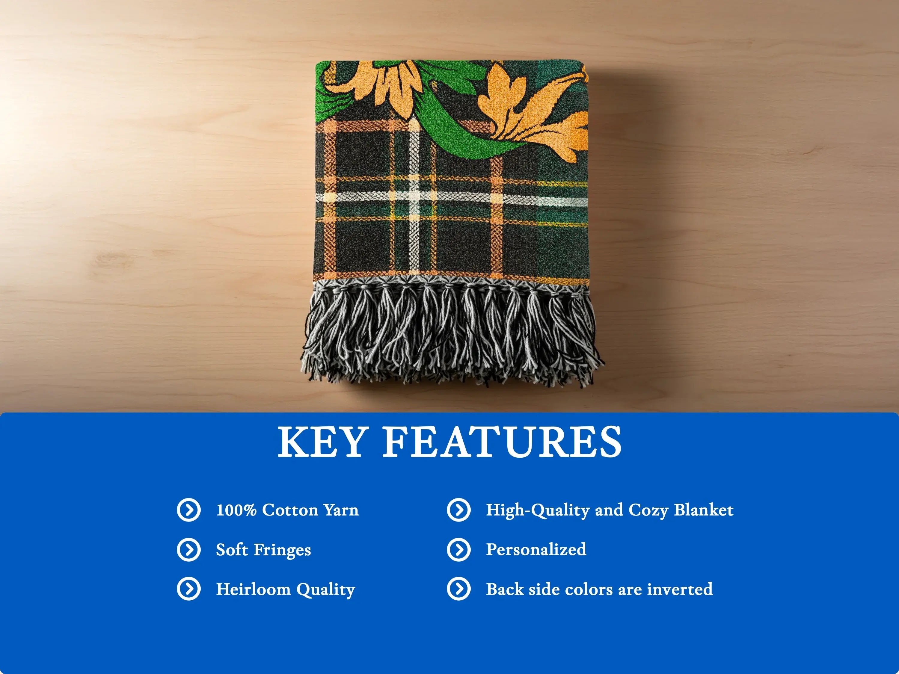 Plaid throw blanket with fringe, featuring key features text.