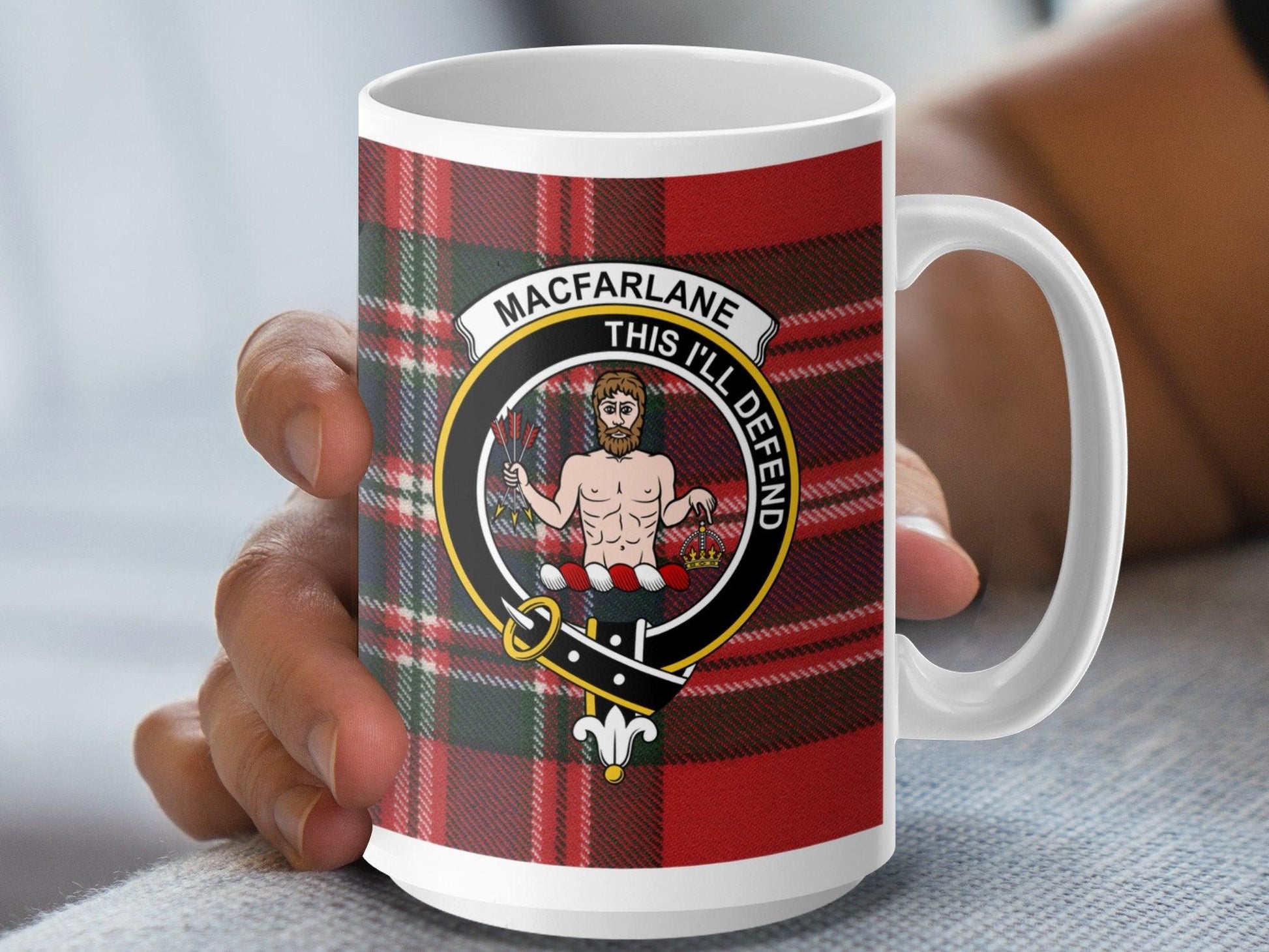 Macfarlane Clan Crest and Tartan Plaid Design Mug - Living Stone Gifts