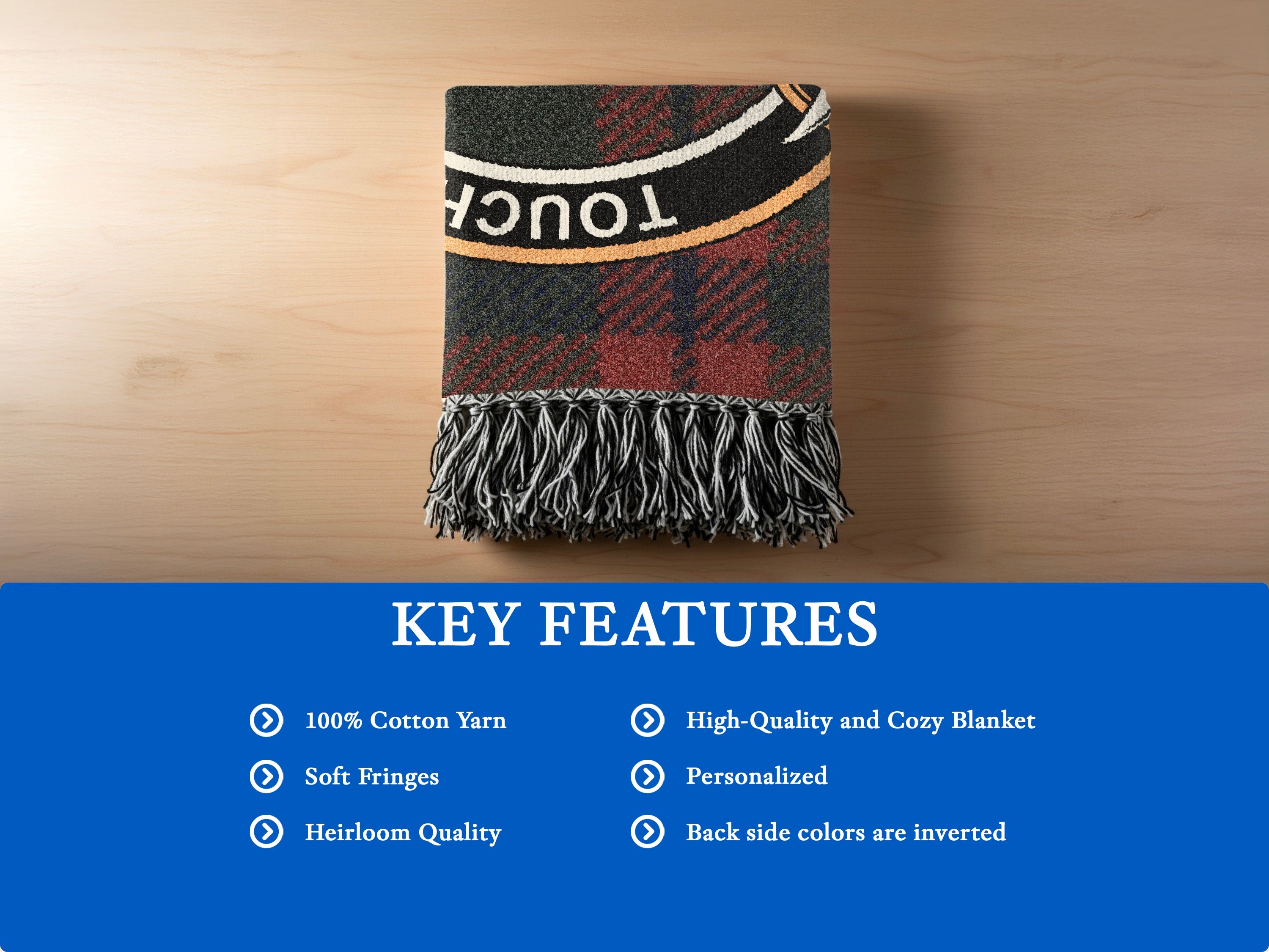 Mackintosh woven blanket detail — tartan with fringe edges, cotton yarn