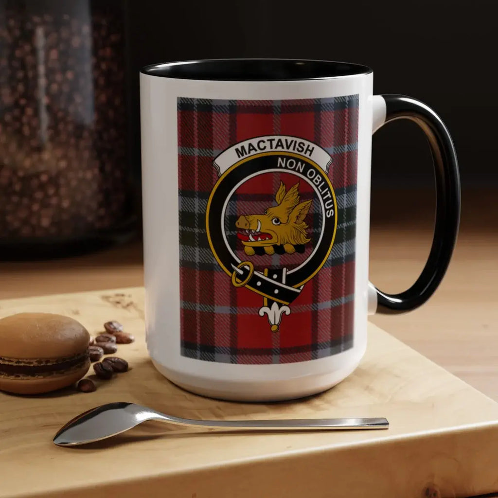 MacTavish Non Oblitus plaid mug — 11oz with navy handle and tartan wrap around full ceramic body