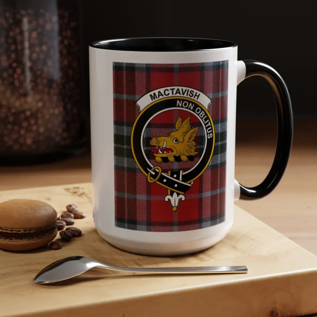 MacTavish Non Oblitus plaid mug — 11oz with navy handle and tartan wrap around full ceramic body