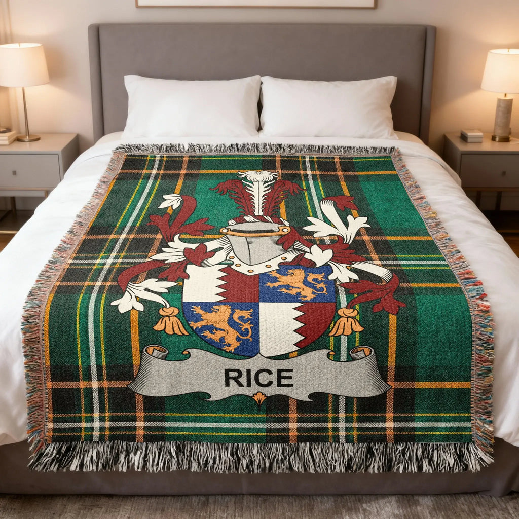 Tartan blanket featuring the Rice family crest and name.