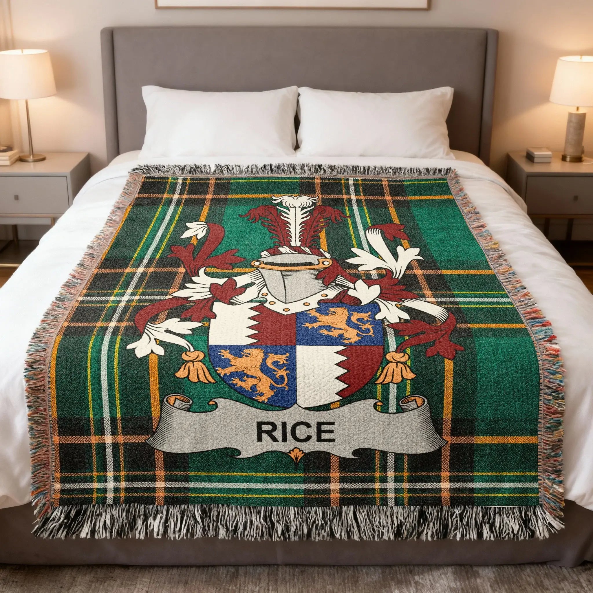 Tartan blanket featuring the Rice family crest and name.