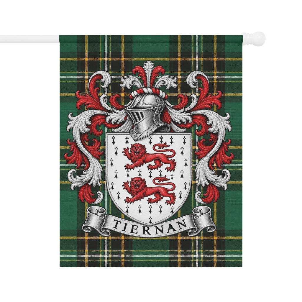Tiernan Irish National Tartan garden flag featuring the Tiernan family crest