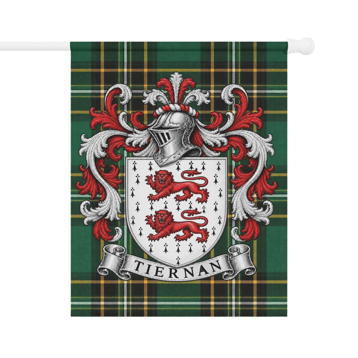 Tiernan Irish National Tartan garden flag featuring the Tiernan family crest