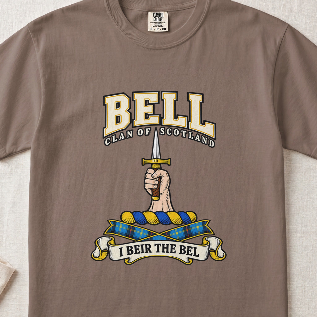 Bell Scottish clan graphic T-shirt in Espresso, front view