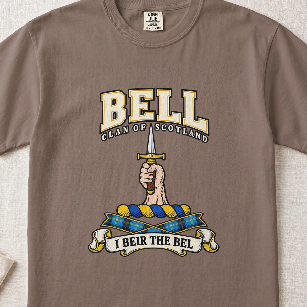 Bell Scottish clan graphic T-shirt in Espresso, front view