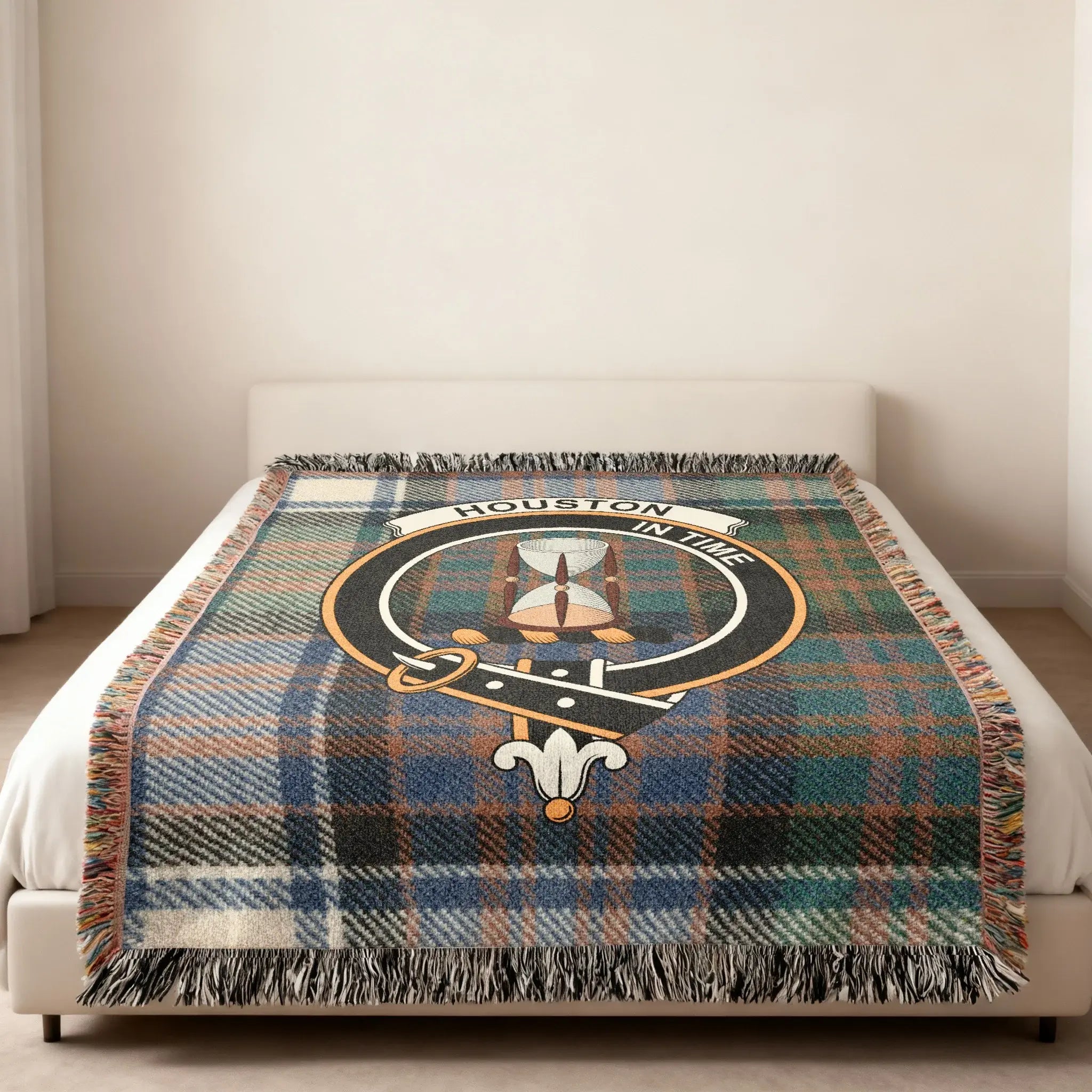 Clan Houston tartan woven blanket — folded view showing fringe detail and tartan colour