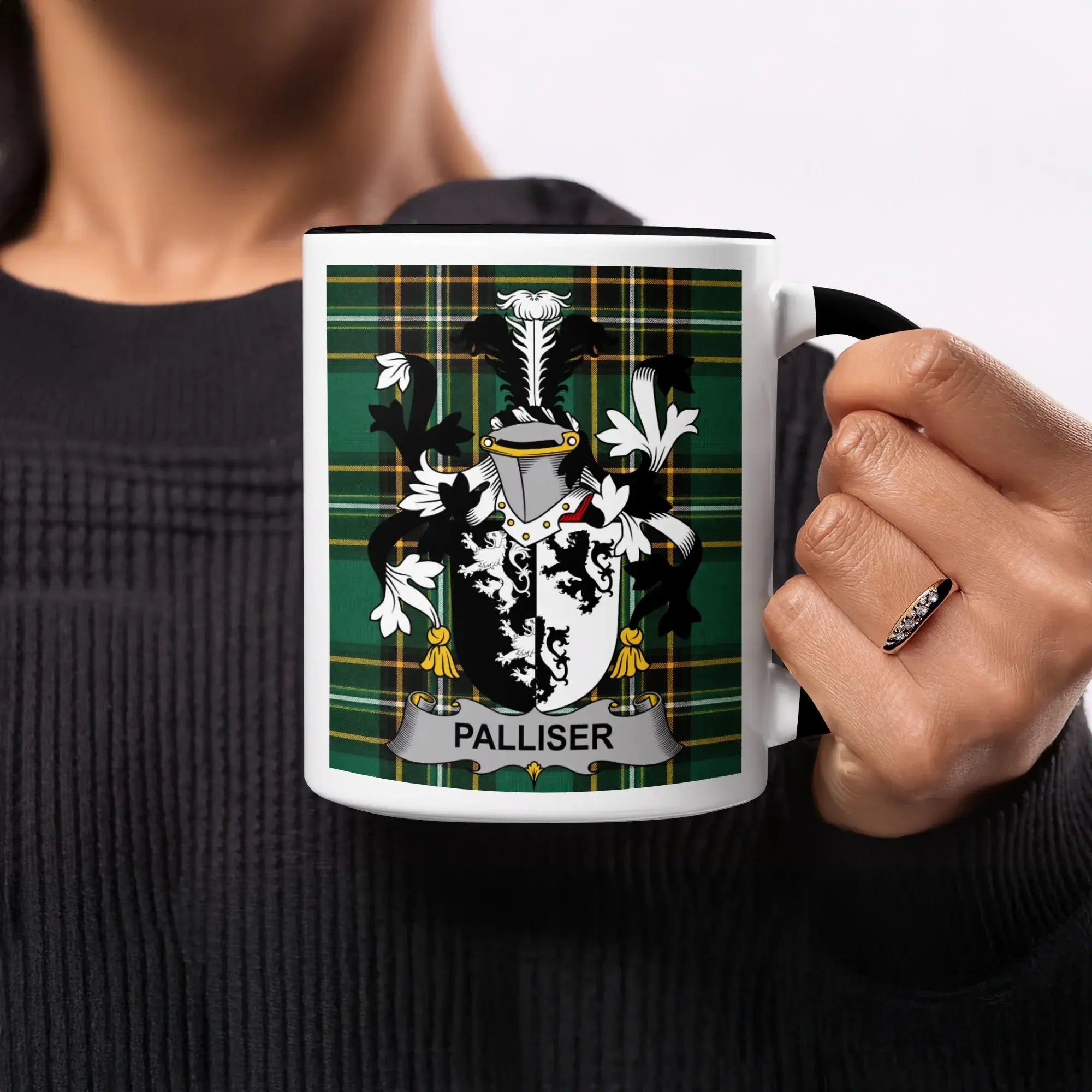 Palliser black accent mug with Irish National Tartan crest design