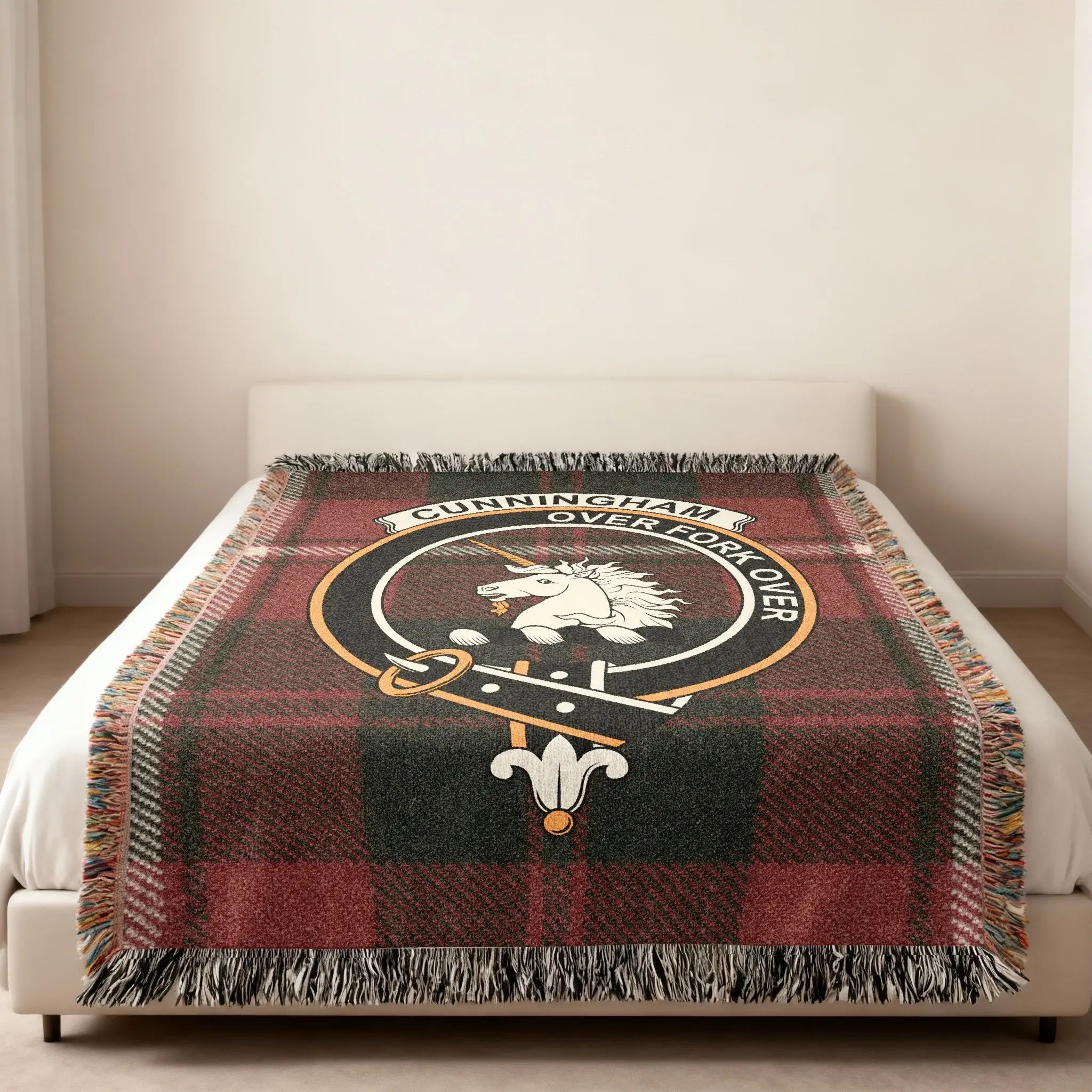 Cunningham Over Fork Over crest woven blanket — unicorn heraldic design at centre, fringe visible