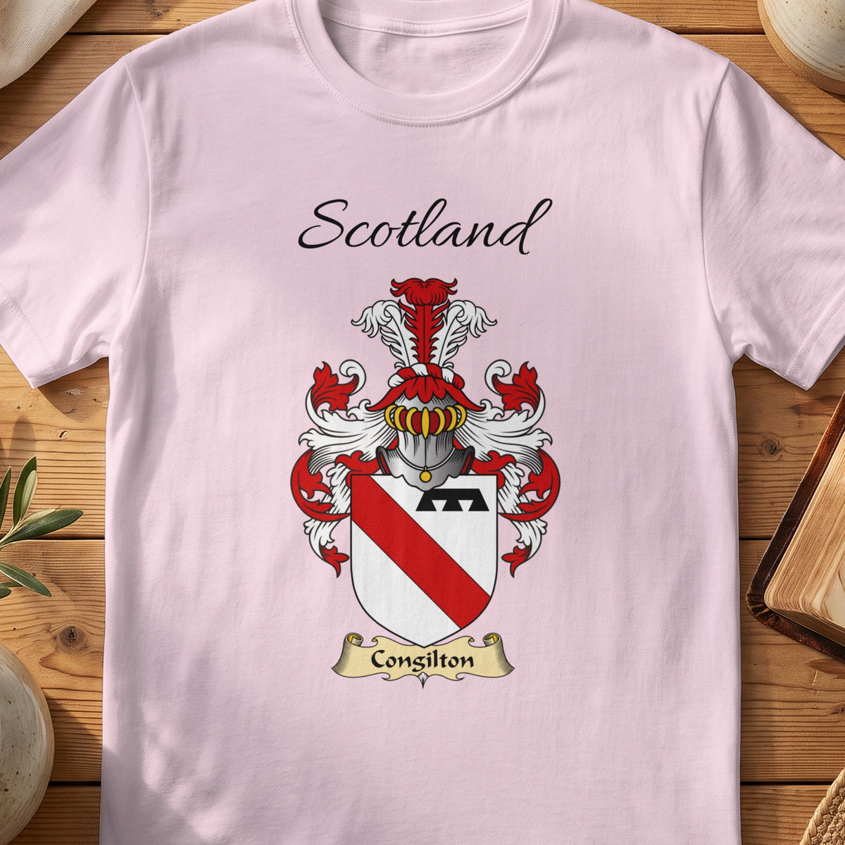 Light Pink Congilton Scottish family shield T-shirt featuring a red diagonal band across white