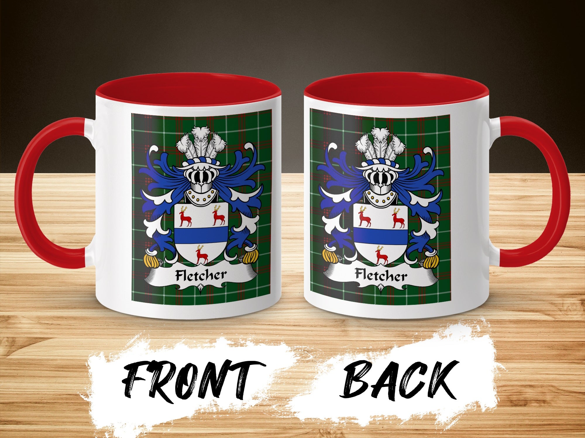 White mugs with red handles feature the Fletcher family crest on a tartan background.