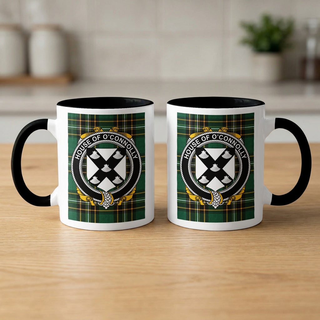 O'Connolly family crest emblem mug with black handle and interior