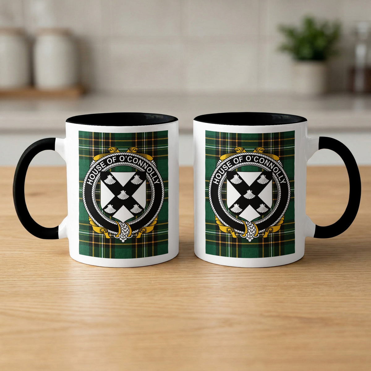 O'Connolly family crest emblem mug with black handle and interior