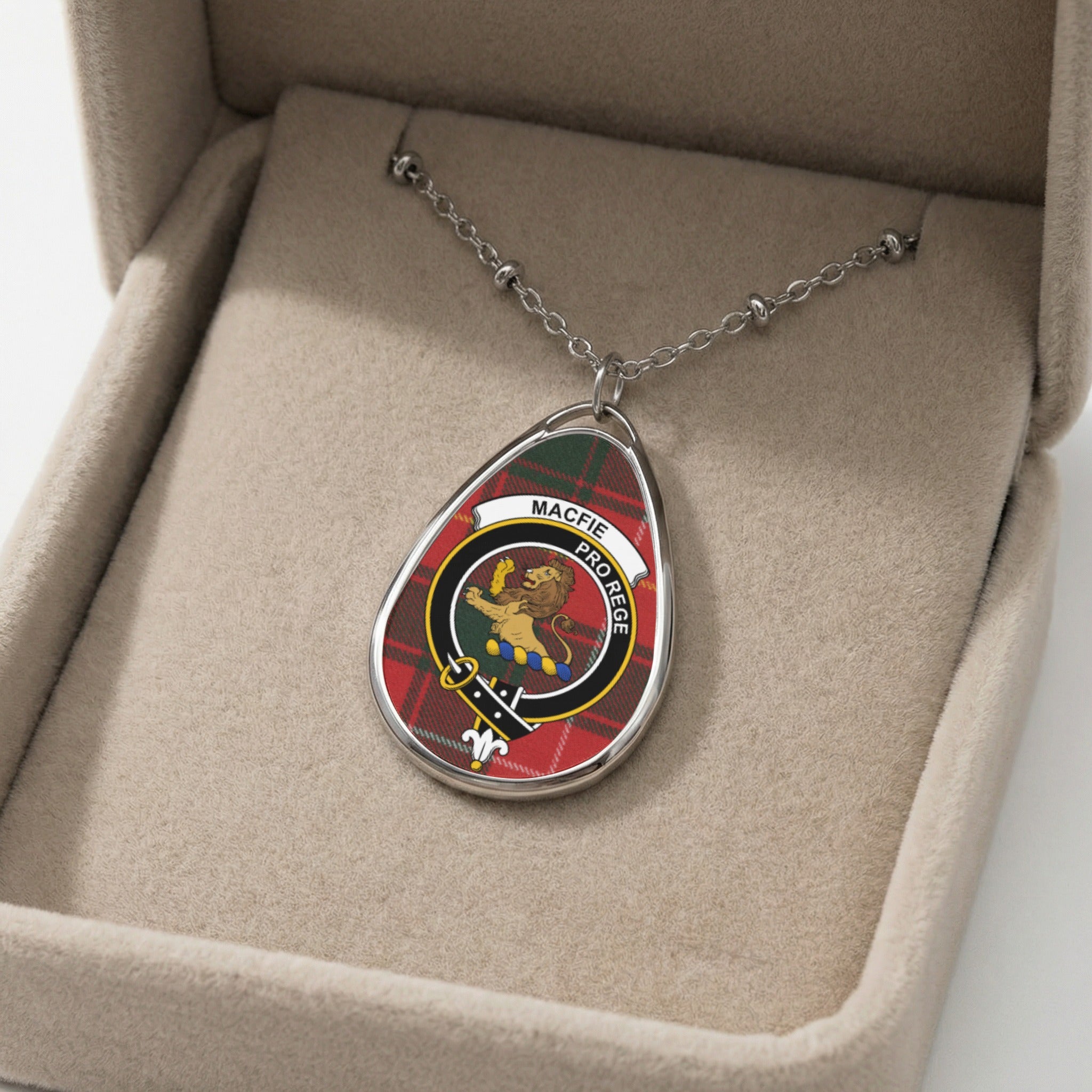 Macfie clan tartan oval pendant necklace with lion and motto "Pro Rege".