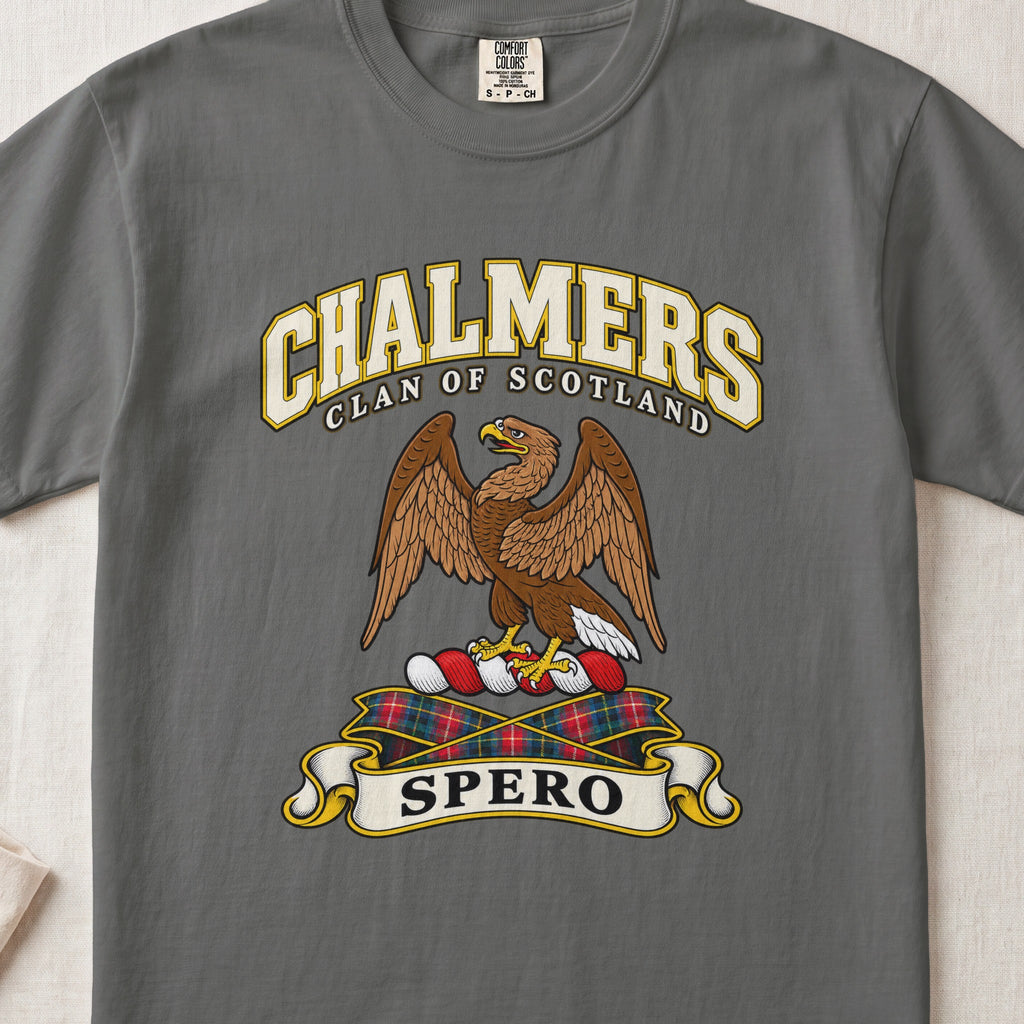 Chalmers Scottish clan T-shirt in Pepper, front view with a brown eagle with raised wings and motto banner.